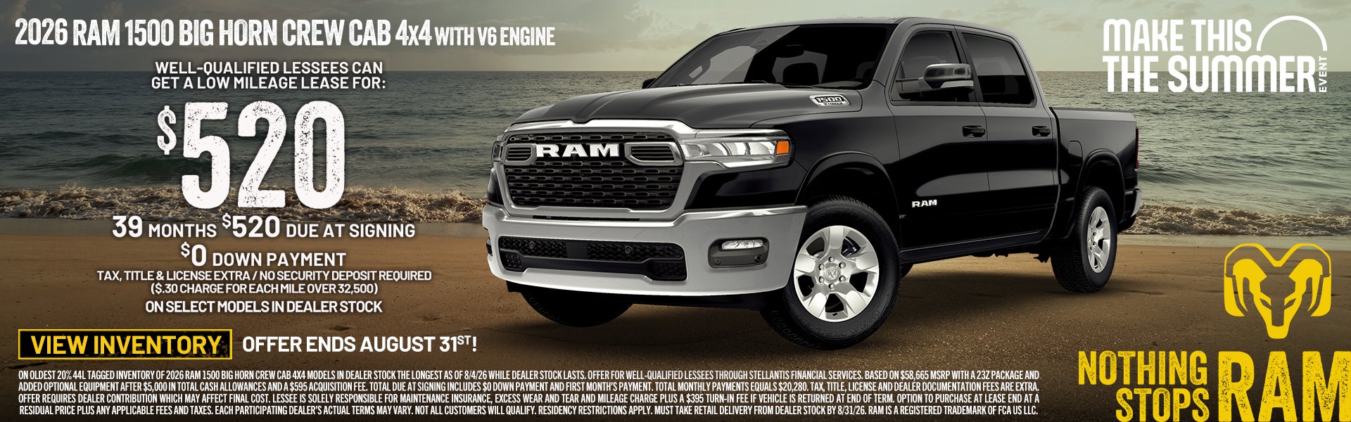 2026 RAM 1500 Big Horn Crew Cab, lease for $520